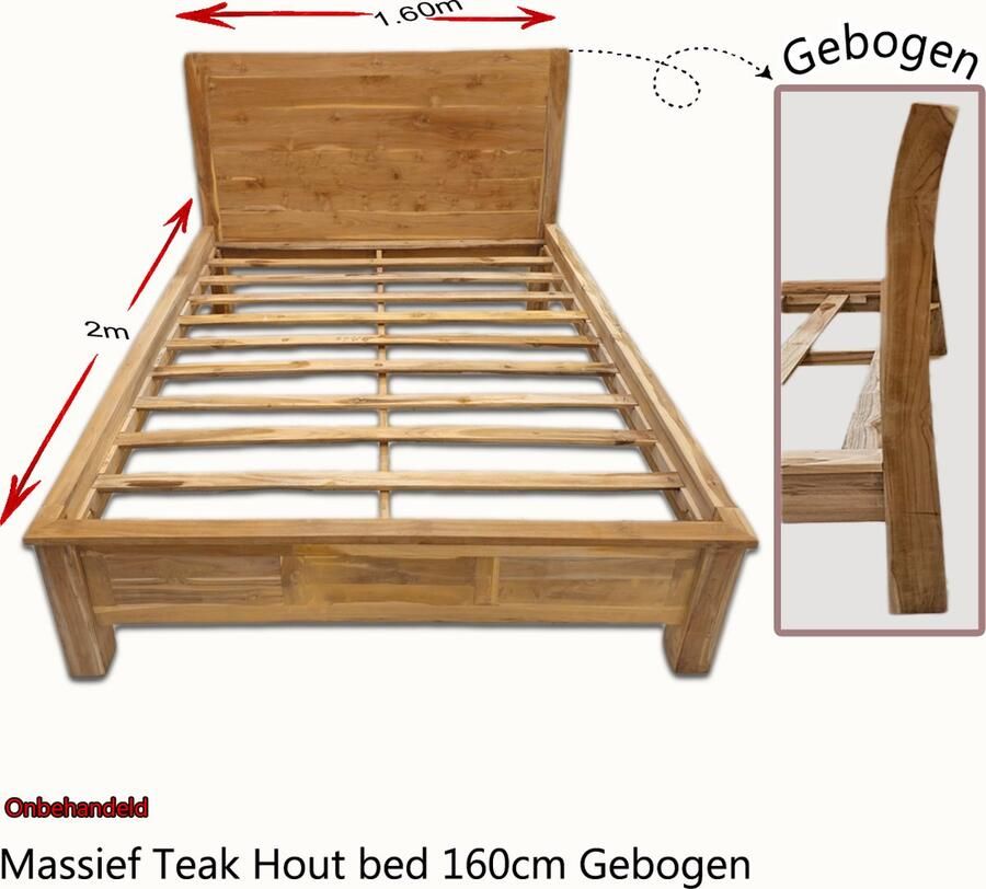 Merkloos Massief Teakhouten bed 160cm Gebogen Hoofdbord ONBEHANDELD - Foto 2