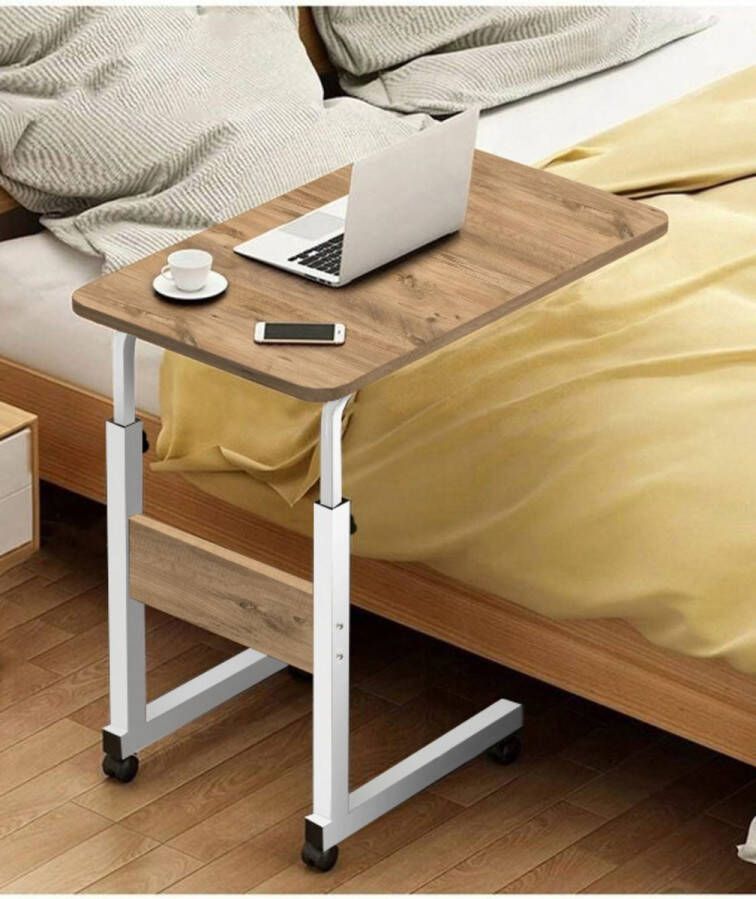 Bijzettafel Tafeltje Salontafels Bedtafeltje met Wielen Sidetable Bijzettafels met Wielen In Hoogte Verstelbare Laptopstandaard Serveertafel MDF Atlantisch Grenen (MET WIELEN) Ovale Rand Witte Voet 60x40 cm
