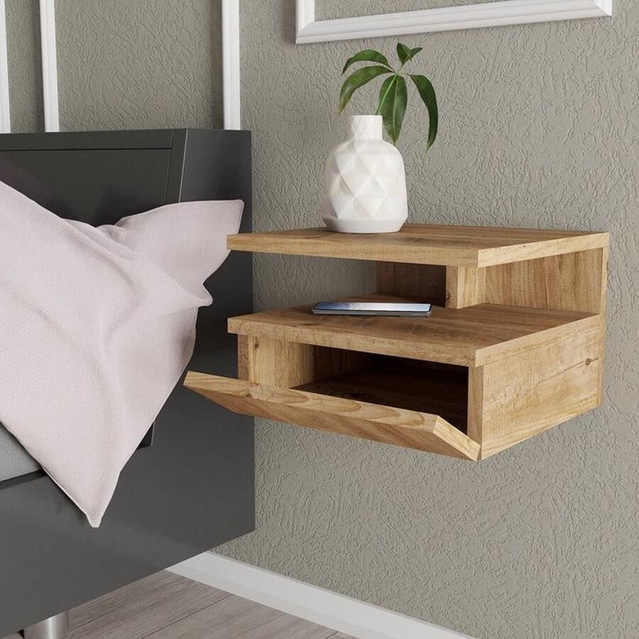 Bofigo Nachtkastje Hangend Zwevend Nachtkastje met deur Nachttafel met deur Open vak Nachtkastje Wandrek Wandkast Mdf Pijnboom 40 x 31 x 34 cm