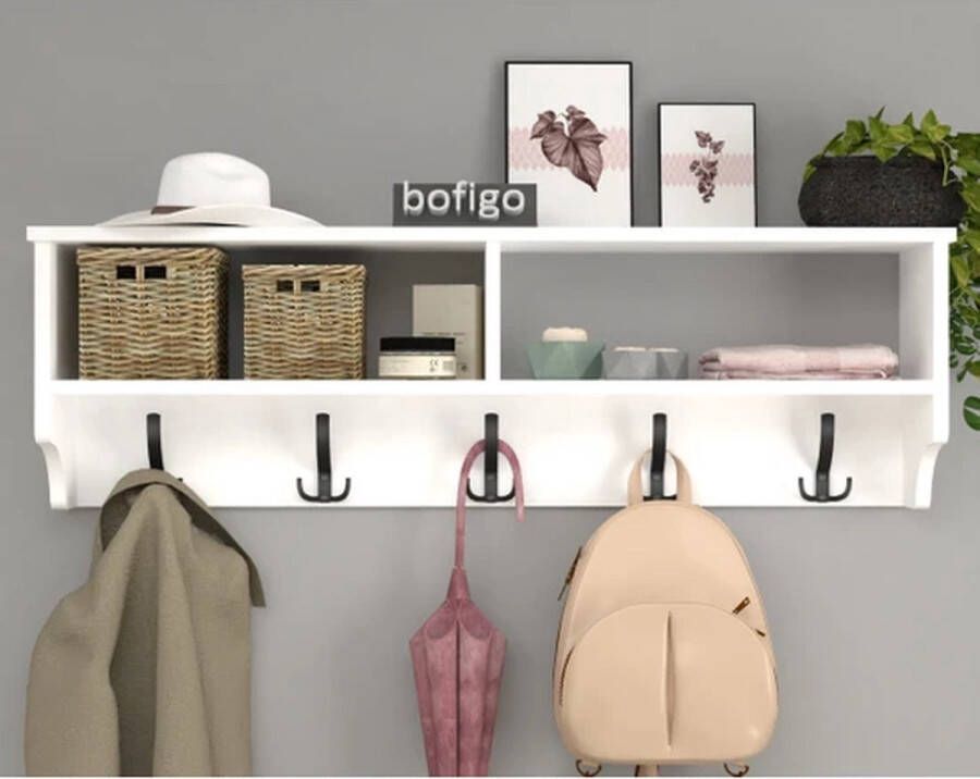 Bofigo Kapstok 5x2 Haken Industrieel Hout Wandkapstok -Wall Mounted Wandkapstok Hout Metaal 120x37x22 Kapstok Wit