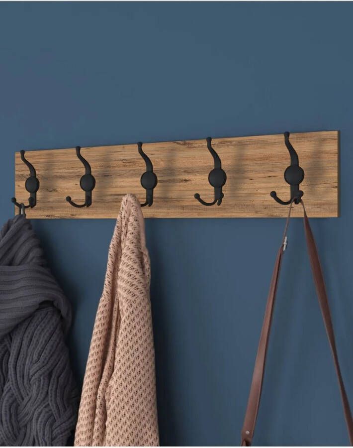 Bofigo Kapstok Hangkapstok 5x3 haakjes Hangend Industrieel Wandkapstok 80x15 cm MDF Atlas Pijnboom