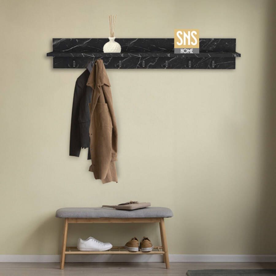 Bofigo Kapstok Wandkapstok Wandplank Muur Hanger Modern Stijl Kapstok Natuurlijk Hout Houten Kleerhanger Zwart en Marmer 7x2 Haken 106 cm