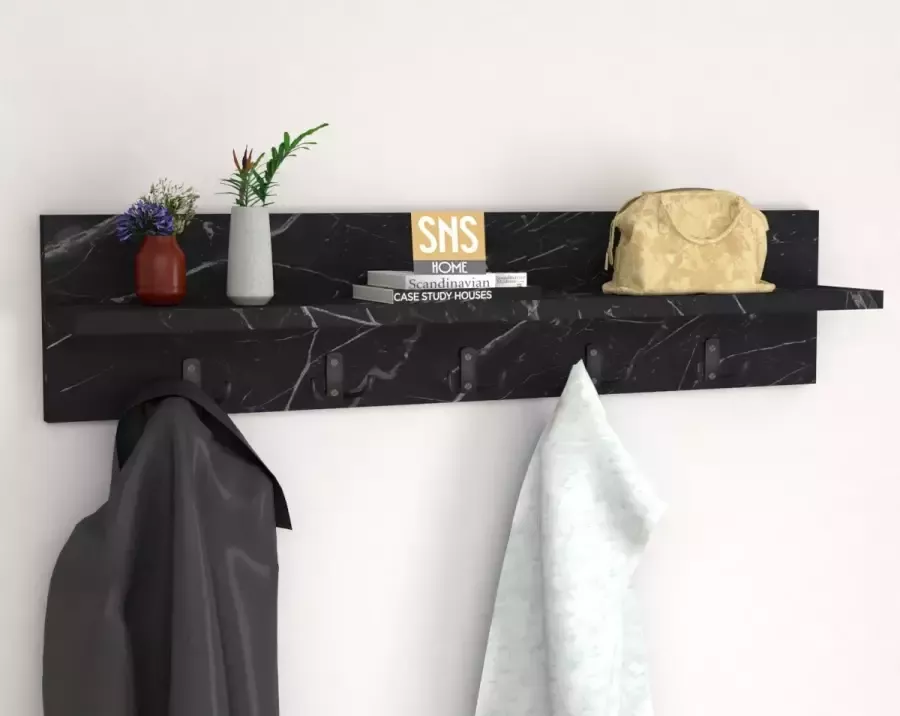 Bofigo Kapstok – Wandkapstok – Wandplank – Muur Hanger – Modern Stijl Kapstok – Natuurlijk Hout – 5×2 Houten Kleerhanger – Zwart en Marmer – 80 cm