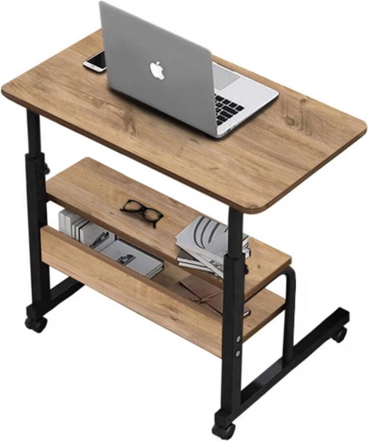 Bofigo Laptopstandaard met Hoogteverstelling en Dubbele Planken Studiebureau Bijzettafel Tafeltje Salontafels Bedtafeltje met Wielen Sidetable Laptopstandaard Plank Serveertafel MDF Atlantische Pijnboom (met wielen) 70 X 40 cm