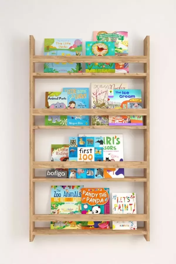 Bofigo SNS Home Met 4 Planken 120 x 74 Cm Montessori Boekenkast Educatieve Kinderboekenkast Woor Kinderen MDF Pijnboom