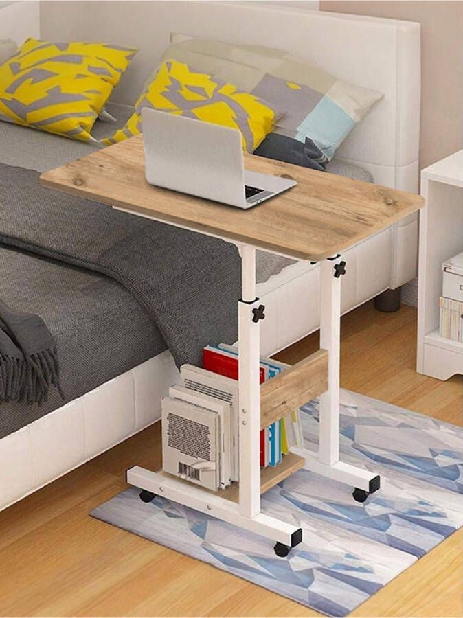 Ovale Rand Laptopstandaard met Hoogteverstelling en Planken Studiebureau Witte Voet Tafeltje Salontafels Bedtafeltje met Wielen Bijzettafel Laptopstandaard Plank Serveertafel MDF Atlantische Pijnboom (met wielen) 70 X 40 cm
