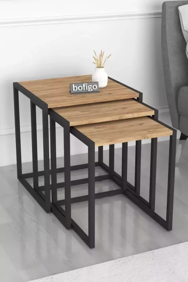 Bofigo Set van 3 Coffee Tables Metal Salontafel Bijzettafel Set van 3 Coffee Metalen Nesttafel Pijnboom