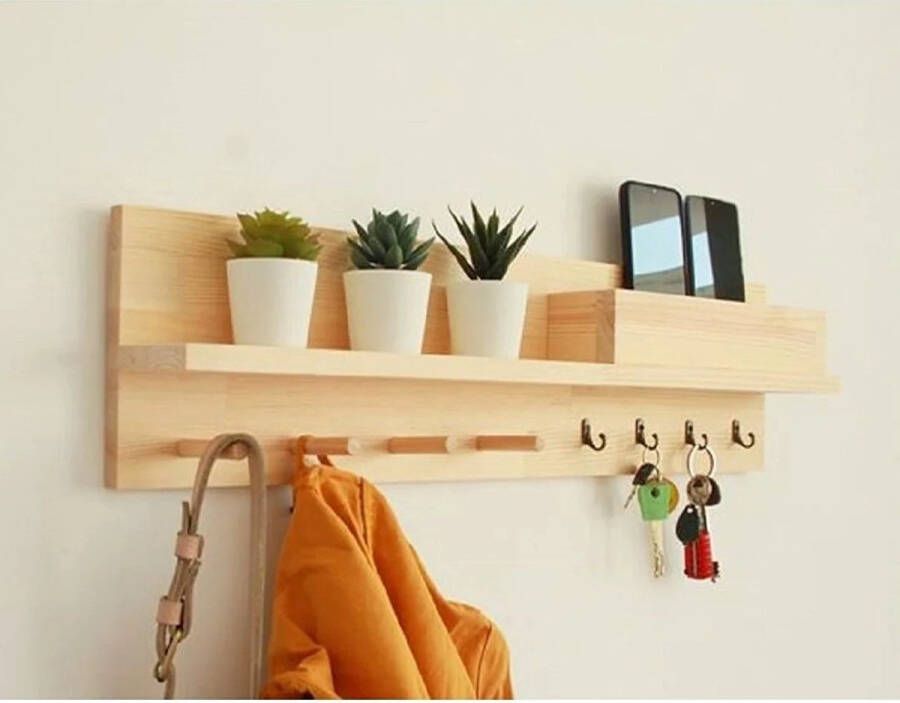 Bofigo Sleutelhanger met Kleerhanger Wandplank Veelzijdige Wandplank Veelzijdige Hanger Accessoire Plank 8 Haken 20 x 50 cm