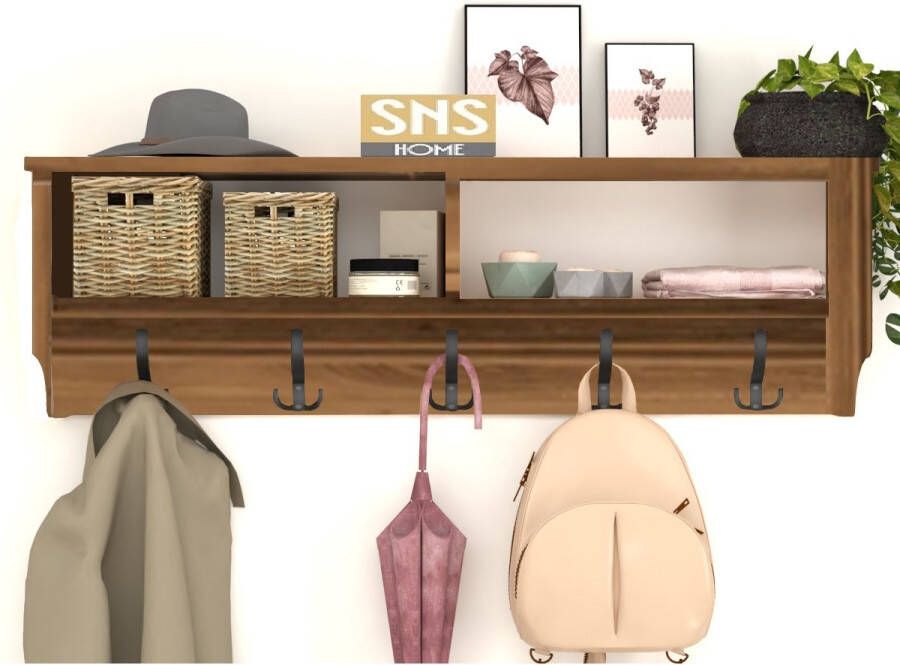 Bofigo SNS Home Kapstok 5x2 Haken Wandkapstok Industrieel Hout Wall Mounted MDF Kapstok Wandkapstok Hout Metaal 120x 37x22 cm Kapstok Lichte Okkernoot