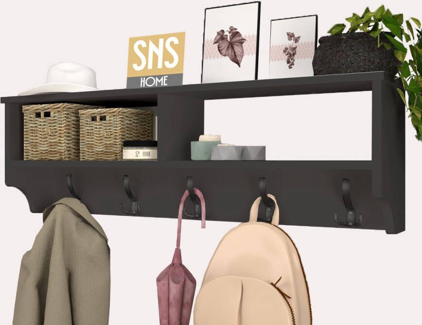 Bofigo SNS Home Kapstok Industrieel Hout Kapstok 5x2 Haken Wandkapstok Wandmontage Wandkapstok Hout Metaal 120x37x22 Kapstok Antraciet