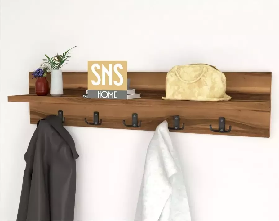 Bofigo Kapstok Wandhanger Wandkapstok Hanger Wandplank Modern Stijl Kapstok Natuurlijk Hout Metalen Haak Hanger MDF Okkernoot 80 cm 5x2 Haken