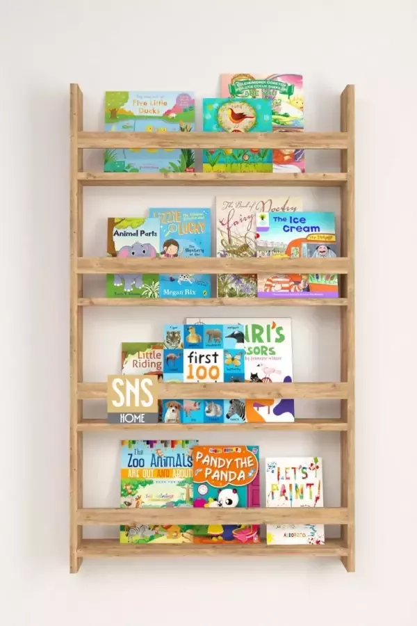 Bofigo SNS Home Met 4 Planken 120 x 74 Cm Montessori Boekenkast Educatieve Kinderboekenkast Woor Kinderen MDF Okkernoot