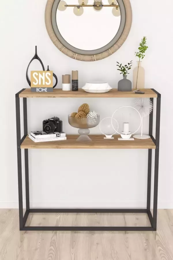 Bofigo SNS Home Metaal Leg Dressoir Decoratieve Plank Dresuar Console Metaal Dressoir Pijnboom 2 Vakken Industrieel 90x90x33 5 cm
