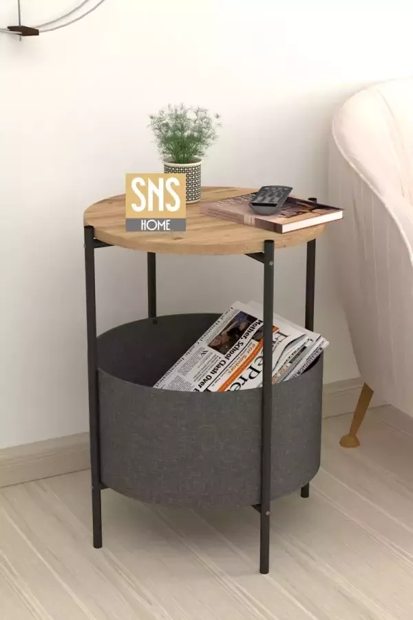 Bofigo SNS Home Salontafel met Grote Tas Krantenhouder Boekenplank Bloempot Grenen Bijzettafel met Opbergruimte Pijnboom Rond 60x43x43