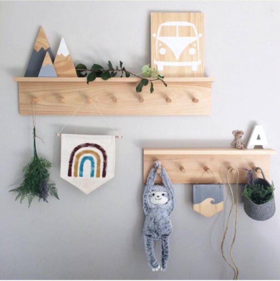 Bofigo Wandhanger met Houten Planken Kinderkamer met 2 Planken 12 Haken 70cm en 50cm Diepte 10cm