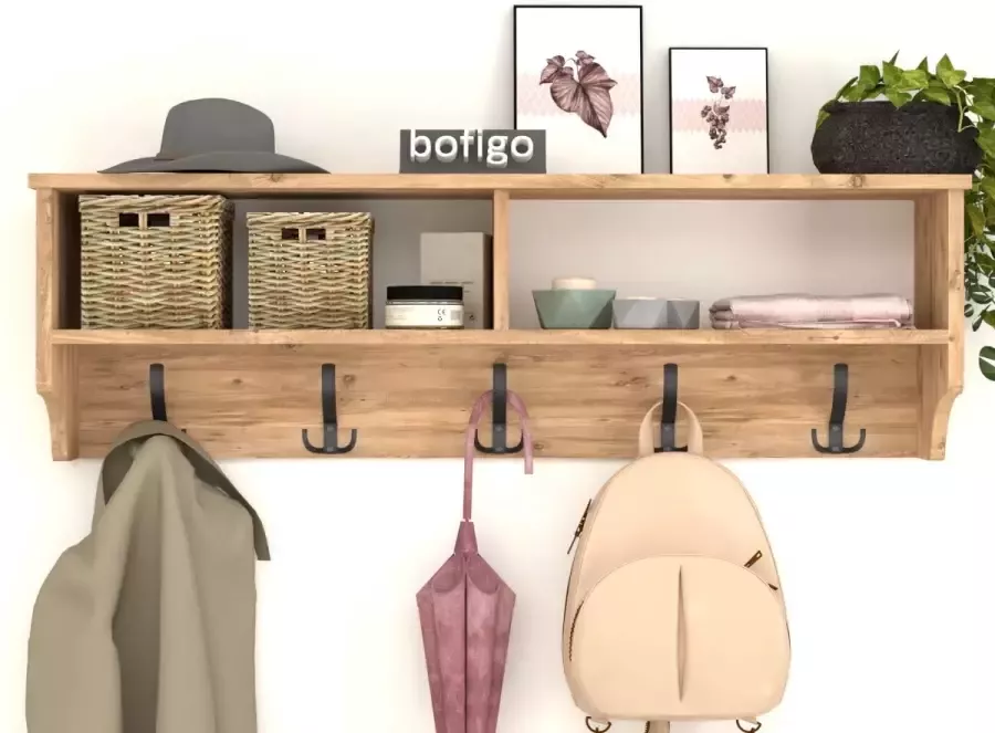 Bofigo Kapstok 5x2 Haken Industrieel Hout Wandkapstok -Wall Mounted Wandkapstok Hout Metaal 120x37x22 Kapstok Wit - Foto 2