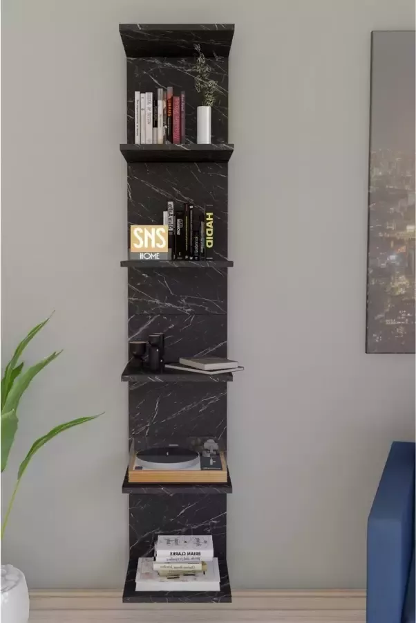 Bofigo Wandmontage Boekenkast Wandplank Decoratieve Plank Esthetisch Ontwerp Zwart en Marmer 180 x 35 x 30 cm 6 Planken