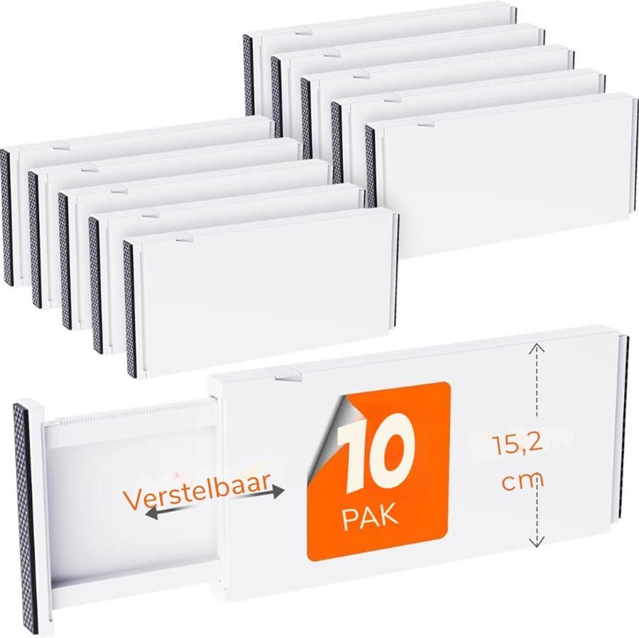 BOG 10 Pack Ladeverdelers 15cm Hoog 34–56cm Verstelbare Kleding Organizers Uitbreidbare Dressoir Scheiders Voor Slaapkamer Badkamer Keuken Kantoor Paskasten Bureau Wit