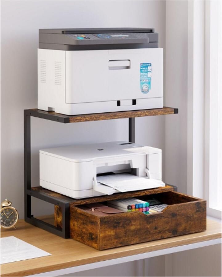 BOG 2-Lagen Bureaublad Printerstandaard Printertafel Met Opbergplank Multifunctionele Bureau Organizer Voor Mappen Boeken Faxscanner Thuis Kantoor Bruin TLJ015H