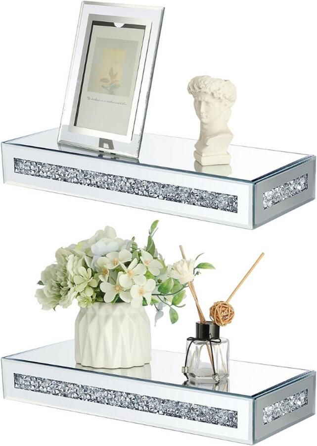 BOG 2 Stuks Rechthoekige Glas Gespiegeld Met Geplette Diamanten Drijvende Planken Wandmontage Tafelblad Displayhouder Rek Standaard Plank Decoratieve Opbergplanken 38x15x5 8 Cm