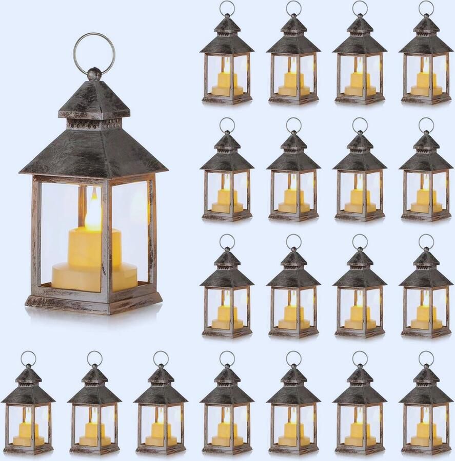 BOG 20 Stuks Decoratieve LED Kaars Lantaarn Kleine Zilveren Lantaarns Voor Halloween Kerst Bruiloft En Ramadan Tafel Decoratie