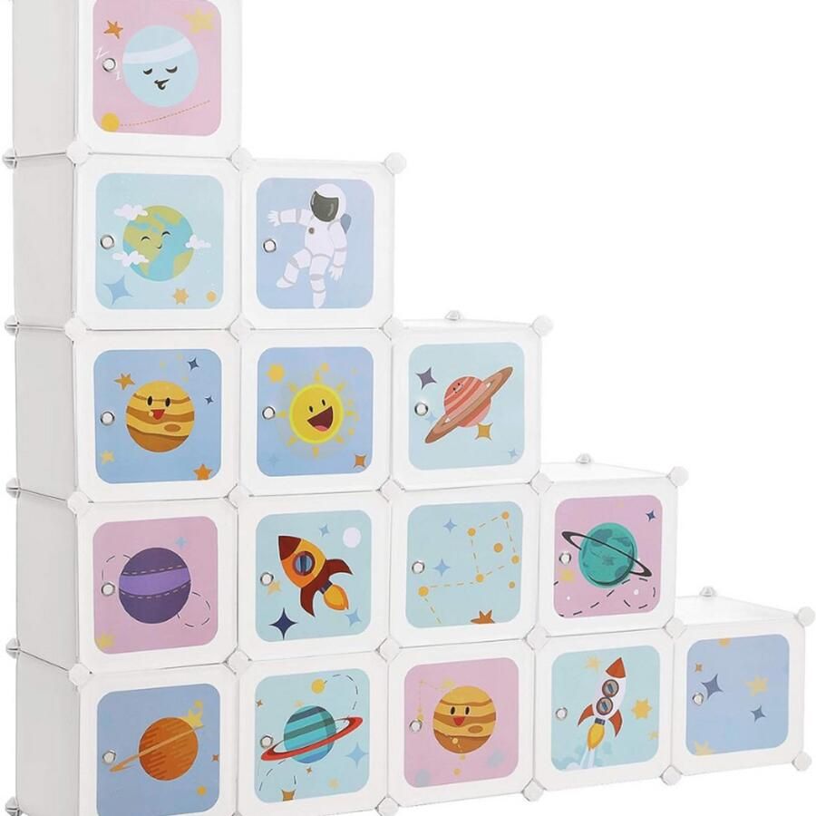 BOG 5 Cube Reksysteem Opbergkast Voor Kinderen Kledingkast Met Deuren Kunststof Schoenenrek Boltless Rekken Multifunctionele Kast Voor Schoenen En Speelgoed 153x31x153cm Wit