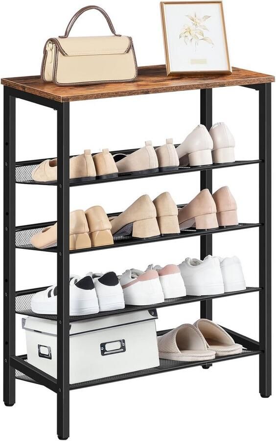 BOG 5-Laags Verstelbaar Schoenenrek – Vintage Bruin-Zwart- Kantelbaar & Compact – Stijlvolle Schoenenkast Voor Gang Of Woonkamer