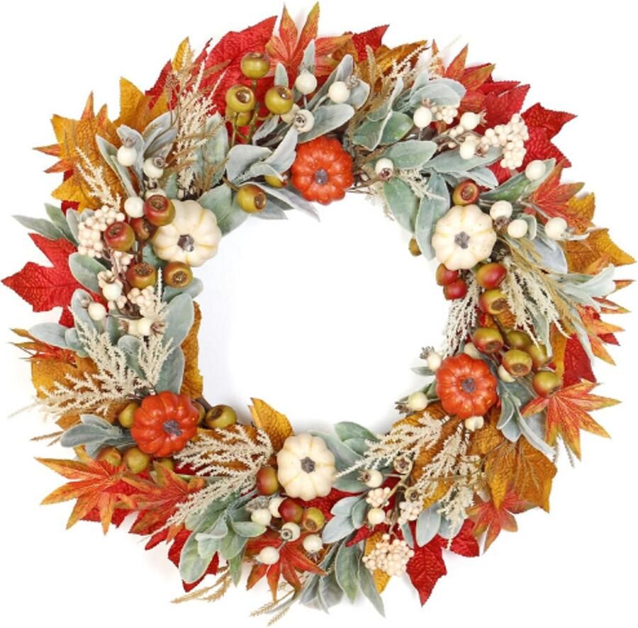 BOG 55CM Grote Deurkrans Herfstdecoratie – Deurkrans Met Esdoornbladeren Pompoenen En Bessen – Herfstkrans Voor Binnen En Buiten – Deur Tafel Muur Raam Feest En Tuin Decoratie