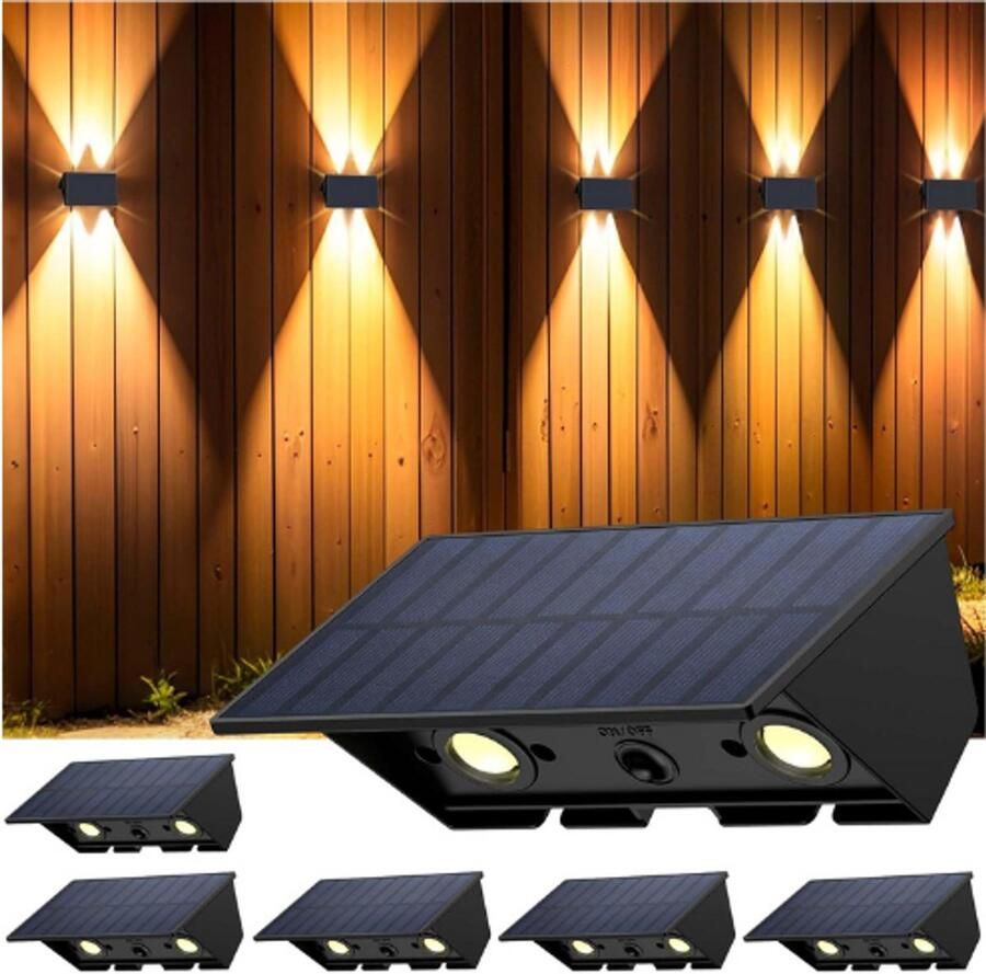 BOG 6x Wandlamp Op Zonne-Energie Voor Buiten – Nieuwste Generatie 2025 – Warmwit Licht – Boven- & Onderlicht – IP67 Waterdicht – 1500 mAh – 120 Lumen – Tuinverlichting Zonne-Energie