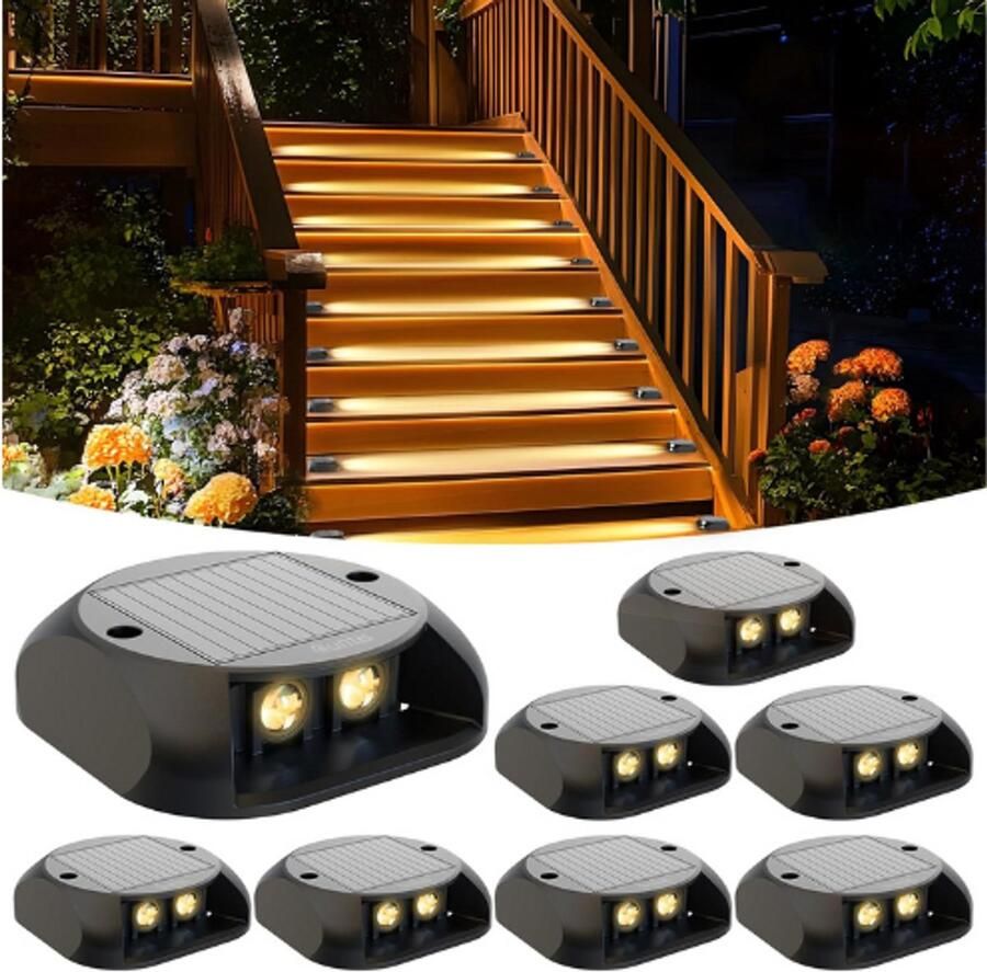 PEAM 8 Stuks Solar Trapverlichting Voor Buiten Warme Witte LED Vloerlampen IP65 Waterdicht En Drukbestendig 3-Ton Design Zonne-Energie Decklampen Voor Trap Tuin Terras En Voordeur