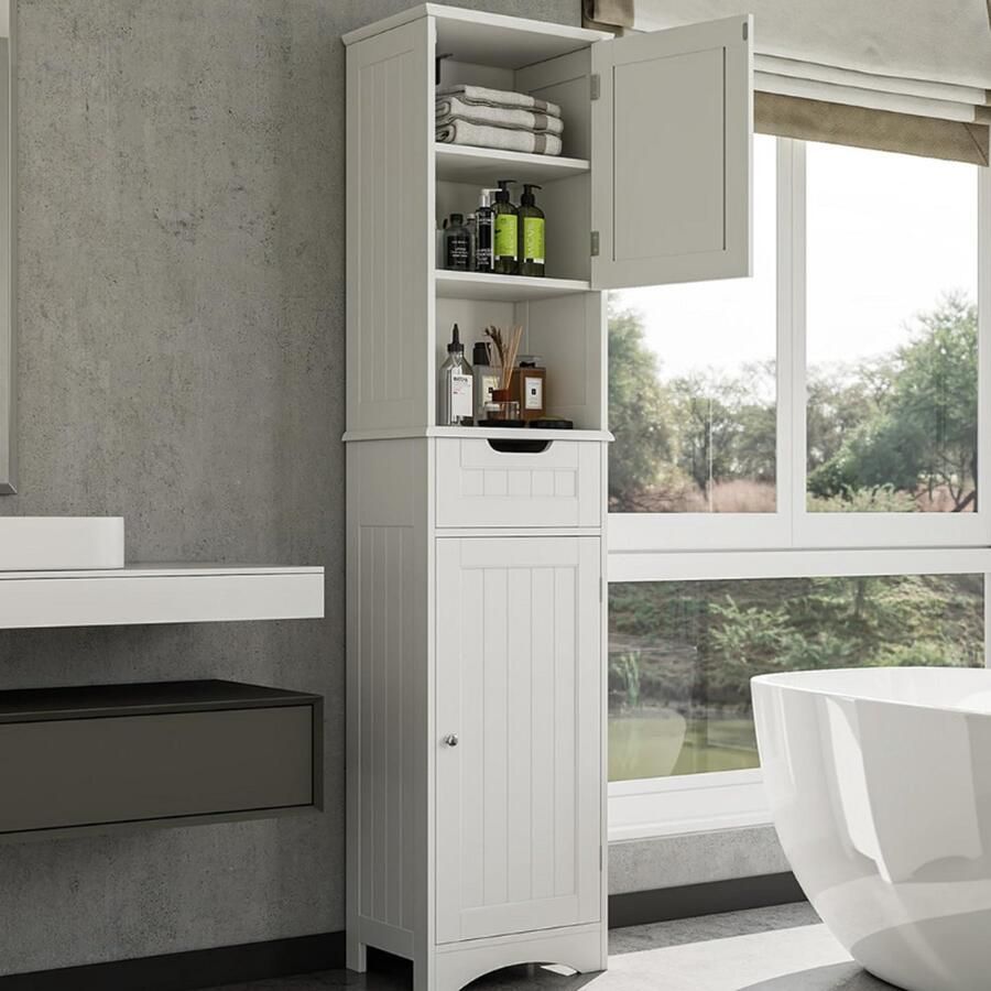 BOG Badkamerkast Met 2 Deuren En 1 Lade Hoge Opbergkast Met Verstelbare Legplanken Ruimtebesparend Dressoir Voor Badkamer Woonkamer Slaapkamer En Keuken Wit