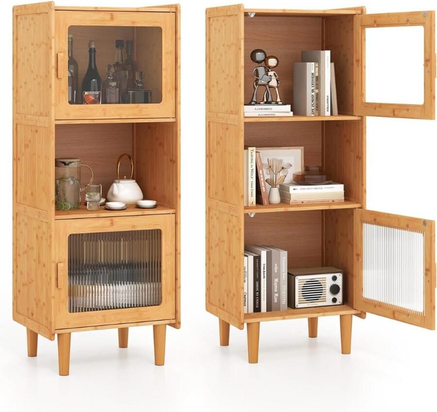 BOG Bamboe Keukenkast 3-Laags Buffetkast Met 2 Deuren Van Acryl En Open Compartiment Vrijstaande Vitrinekast Voor Keuken En Woonkamer 49.5x40x130 Cm
