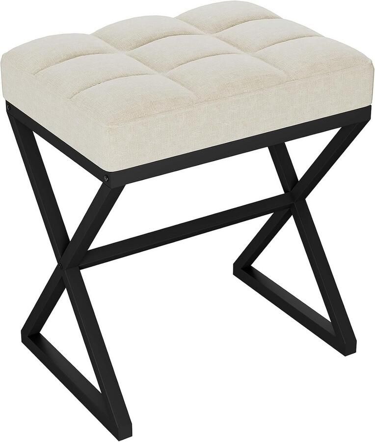 BOG Beige Vanity Kruk Van Linnen – Vierkante Ottomaanse Voetenbank Met X-Vormige Metalen Poten- Make-Up & Dressing Kruk Voor Woonkamer- Slaapkamer & Entree – 40×30×46 Cm