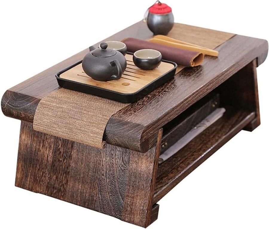 BOG Bijzettafel Met 2 Lagen Retro Japanse Tatami Theetafel Salontafel Met Opbergplank Voor Woonkamer Of Erker Donkerbruin Hout