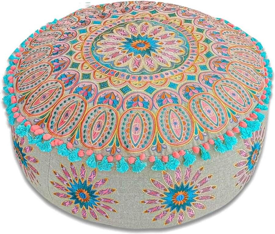 BOG Boheemse Kruk Ottomaanse Afdekking Luxe Vloerkussen 60x20 cm Handgemaakte Poef Boho Chic Zithoek Meditatie en Yoga Decoratie Stijlvolle Kameraccessoire