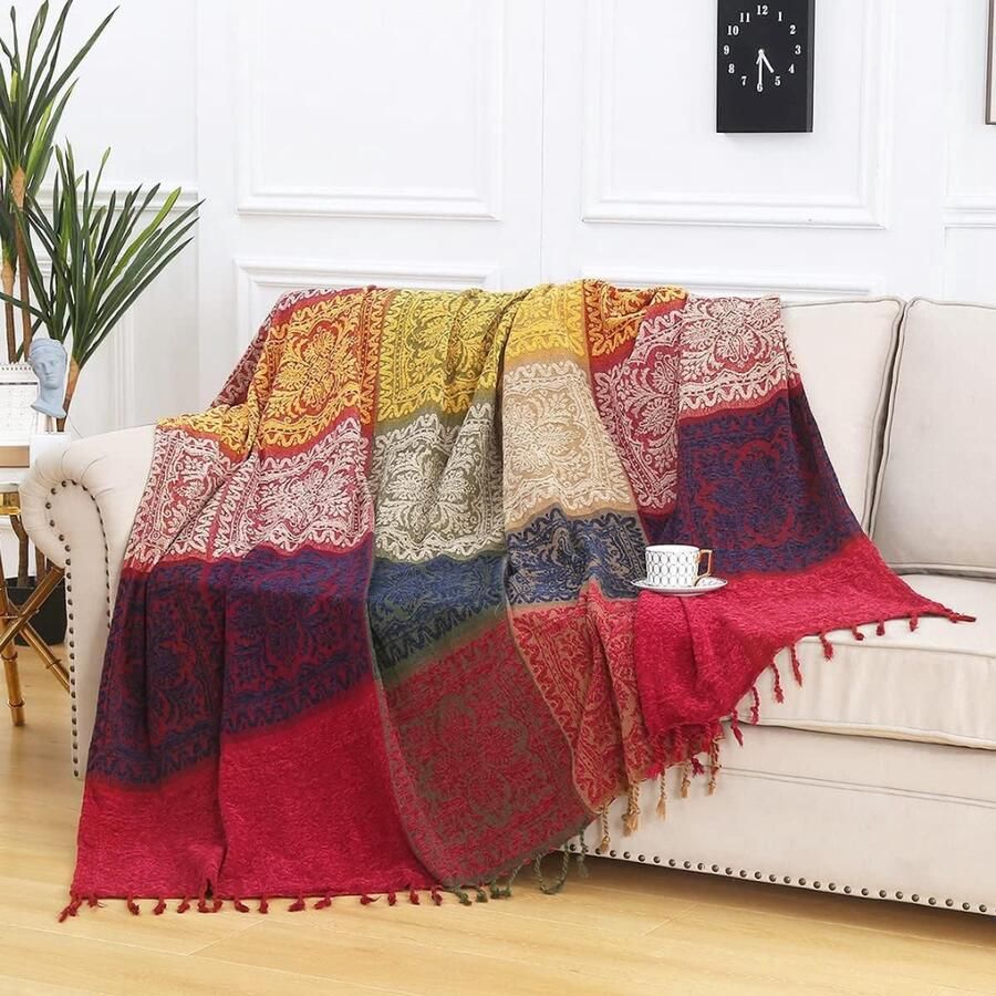 BOG Bohemian Grote Plaid met Kwastjes 100% Chenille Multifunctionele Luxe Plaid voor Bank Tapijt en Bed 220x260 cm Rood
