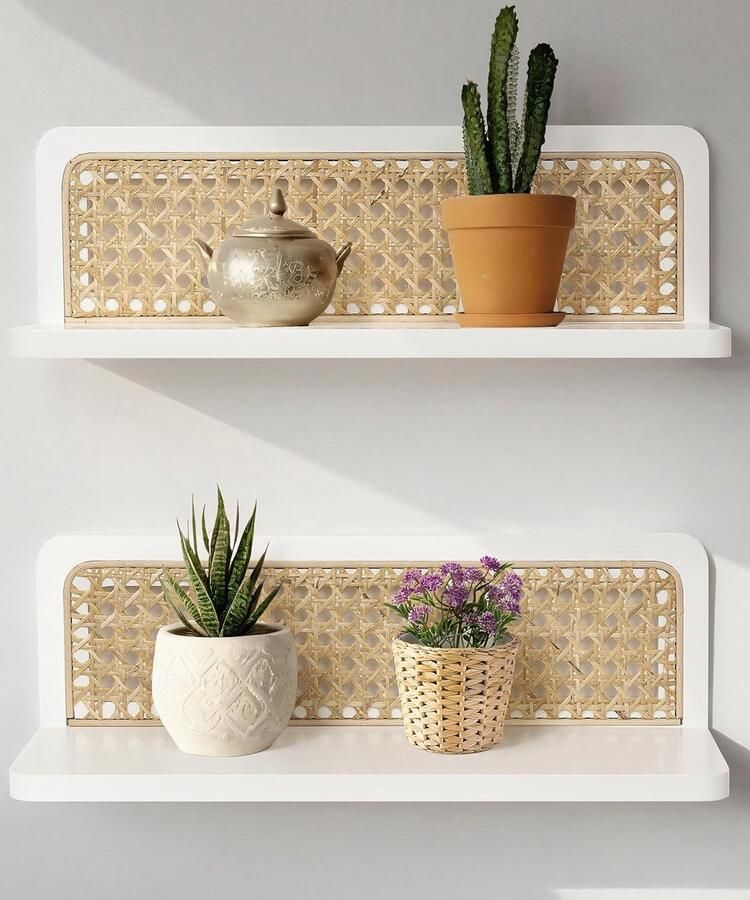 BOG Boho Wandplanken Set Van 2 – Witte Houten Rattan Planken Voor Een Rustieke & Moderne Wanddecoratie – Ideaal Voor Woonkamer- Slaapkamer & Kinderkamer