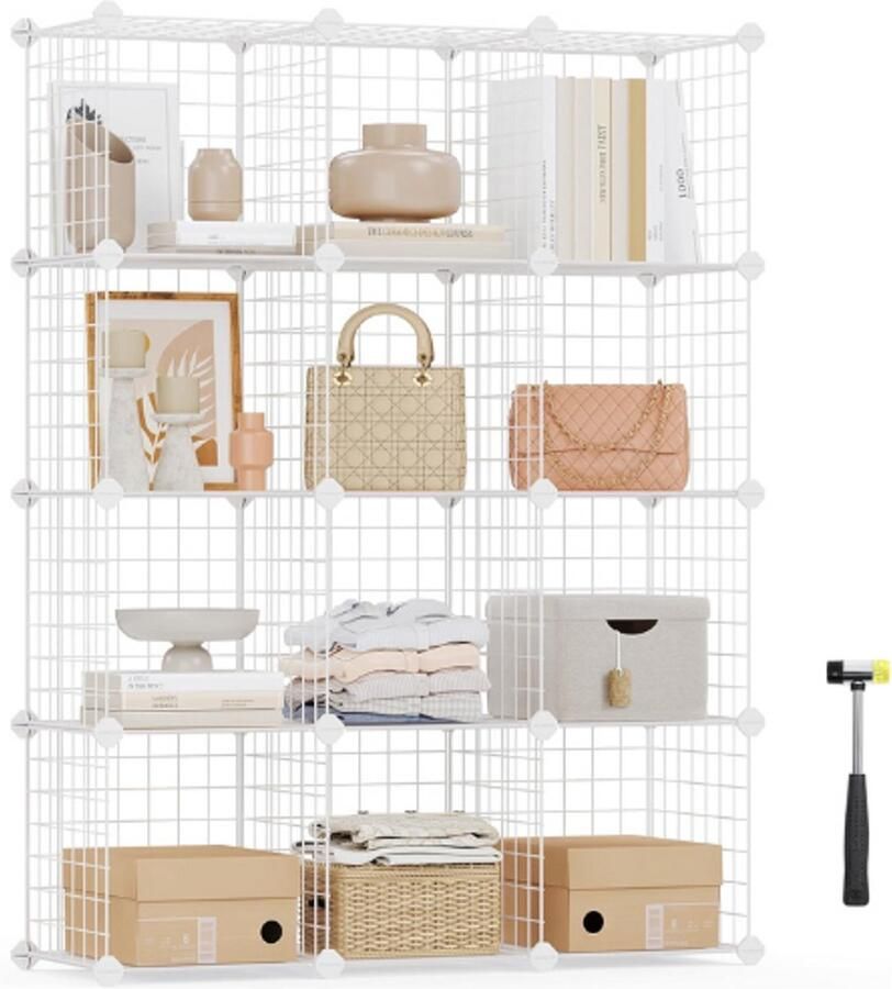 BOG Boltless Opbergkast 12 Vakken Draadrooster Rek Systeem Staande Kast Met Opbergvakken Inclusief Rubberen Hamer 93 x 31 x 123 cm Wit