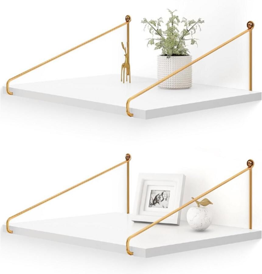 BOG Brede Zwevende Planken Wit Houten Wandplank Met Gouden Beugel Grote Wandorganizer 30 Cm Diepe Opbergplanken Set Van 2 Voor Slaapkamer Badkamer Woonkamer Keuken