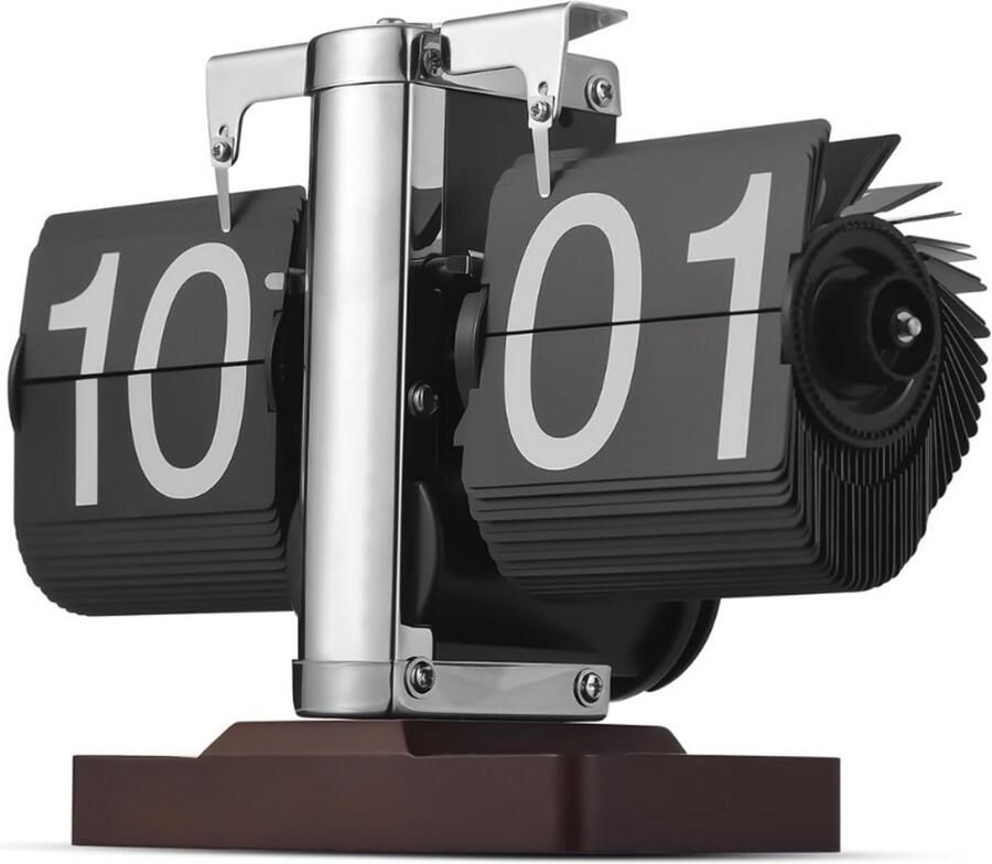 BOG Bureau Flip Klok Vintage Decor Heavy Duty Roestvrij Staal Mechanische Digitale Tafel Klok Page Turner Klok Batterij Aangedreven Kleine Klok Met Houten Basis Cadeauideeën Cool Dingen