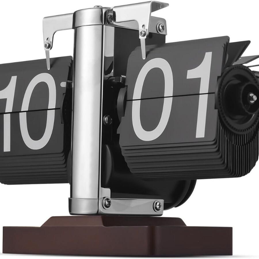 BOG Bureau Flip Klok Vintage Digitale Tafelklok Roestvrij Staal Met Houten Basis Mechanisch Page Turner Design Batterij Aangedreven Retro Decoratie Cadeau Idee