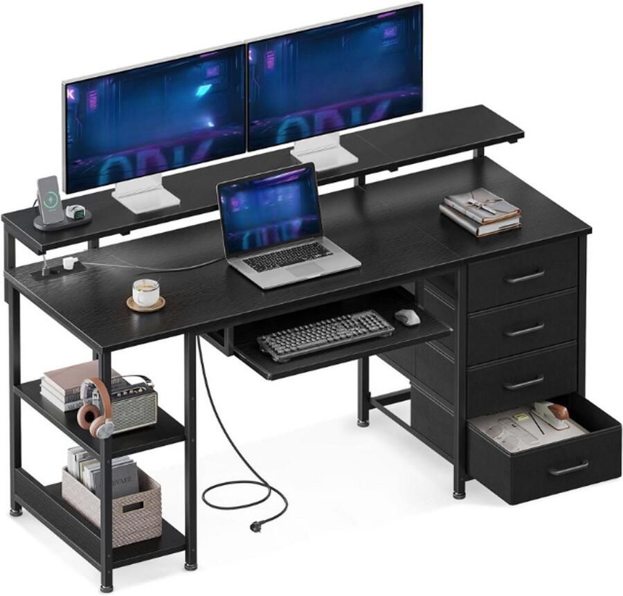 BOG Bureau Met 4 Laden Computertafel Met 2 Stopcontacten En 2 USB Oplaadpoorten Pc Tafel Met Plank Gamingtafel Met Toetsenbordlade Voor Kantoor Woonkamer Zwart 140 X 52 X 92 Cm