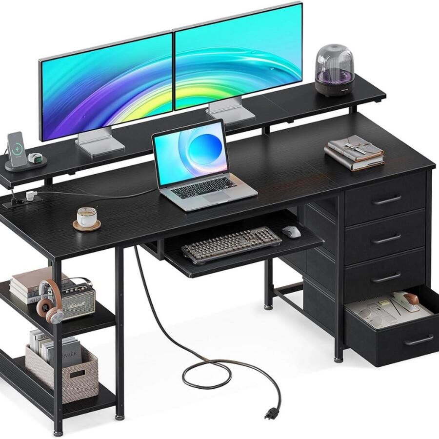 BOG Bureau Met 4 Laden – Computertafel Met 2 Stopcontacten & 2 USB‑Oplaadpoorten – Pc-tafel Met Plank & Toetsenbordhouder – Speeltafel Voor Kantoor & Woonkamer