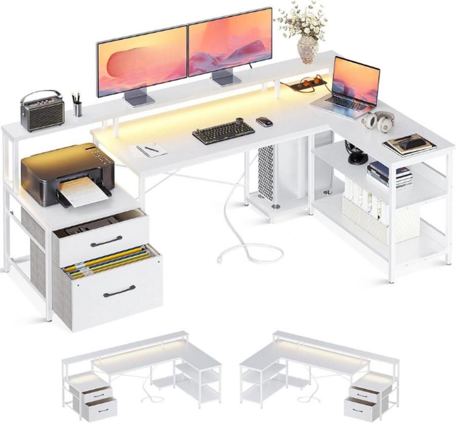 BOG Bureau Met Laden 172 5 X 100 Cm Omkeerbaar Hoekbureau Groot Met 2 Stopcontacten En USB Oplaadaansluiting L Vorm Met Opbergruimte Gamingtafel Met Led Voor Thuiskantoor Wit