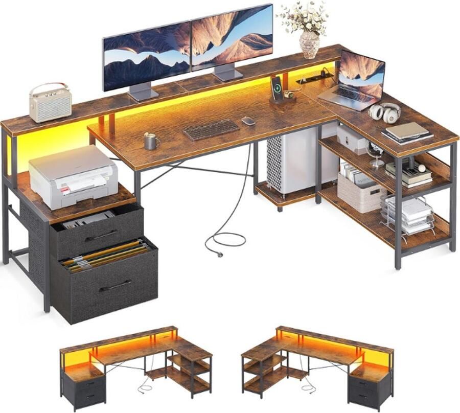 BOG Bureau Met Laden 189 3 × 100 cm Groot Omkeerbaar Hoekbureau Met 2 USB-Oplaadpoorten En Stopcontacten Gaming-Bureau Met LED L-Vormig Bureau Voor Thuis En Kantoor Vintage Bruin