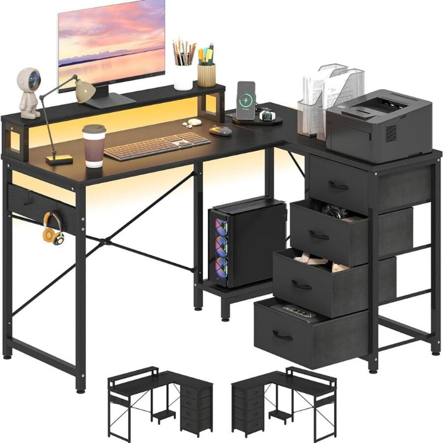 BOG Bureau Omkeerbaar Hoekbureau Met 4 Laden – L-vorm Met 2 Stopcontacten & 2 USB‑Oplaadaansluiting – L-vorm Met LED – 130 x 100 Cm – Hoektafel Met Monitorplank – Zwart