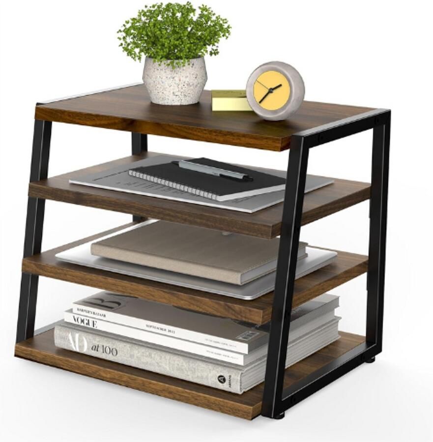 BOG Bureau Organizer 4-Tiers File Organizer Voor Bureau Houten + Metalen Desktop Opslag Rack Plank Ideaal Voor Kantoorbenodigdheden en Accessoires Bruin