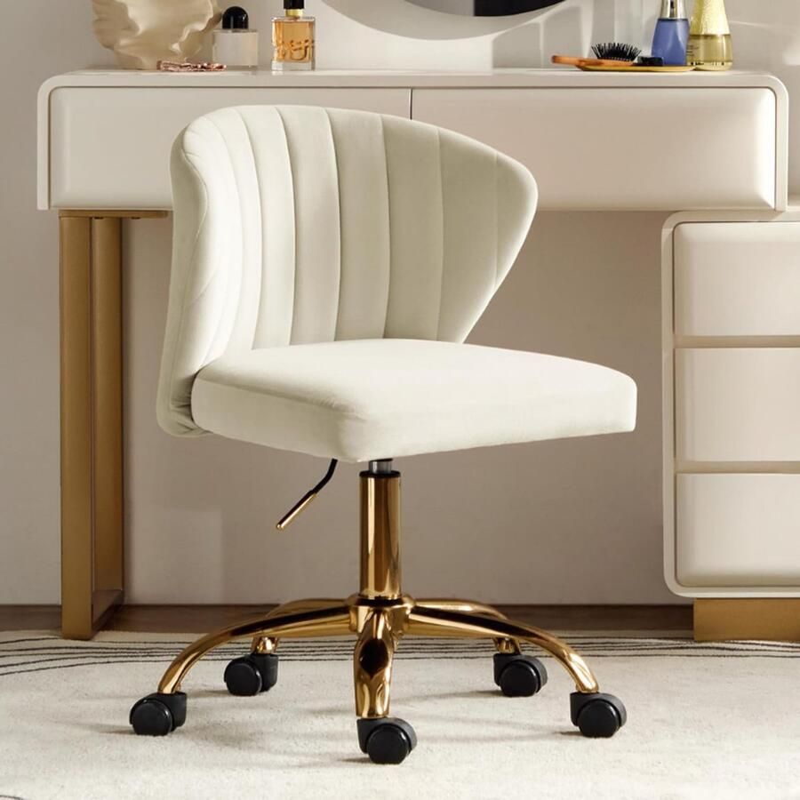 BOG Bureaustoel Computerstoel Zonder Armleuningen Fluwelen Moderne Bureaustoel Met Zwenkwielen In Hoogte Verstelbaar Geschikt Voor Woonkamer En Slaapkamer Beige