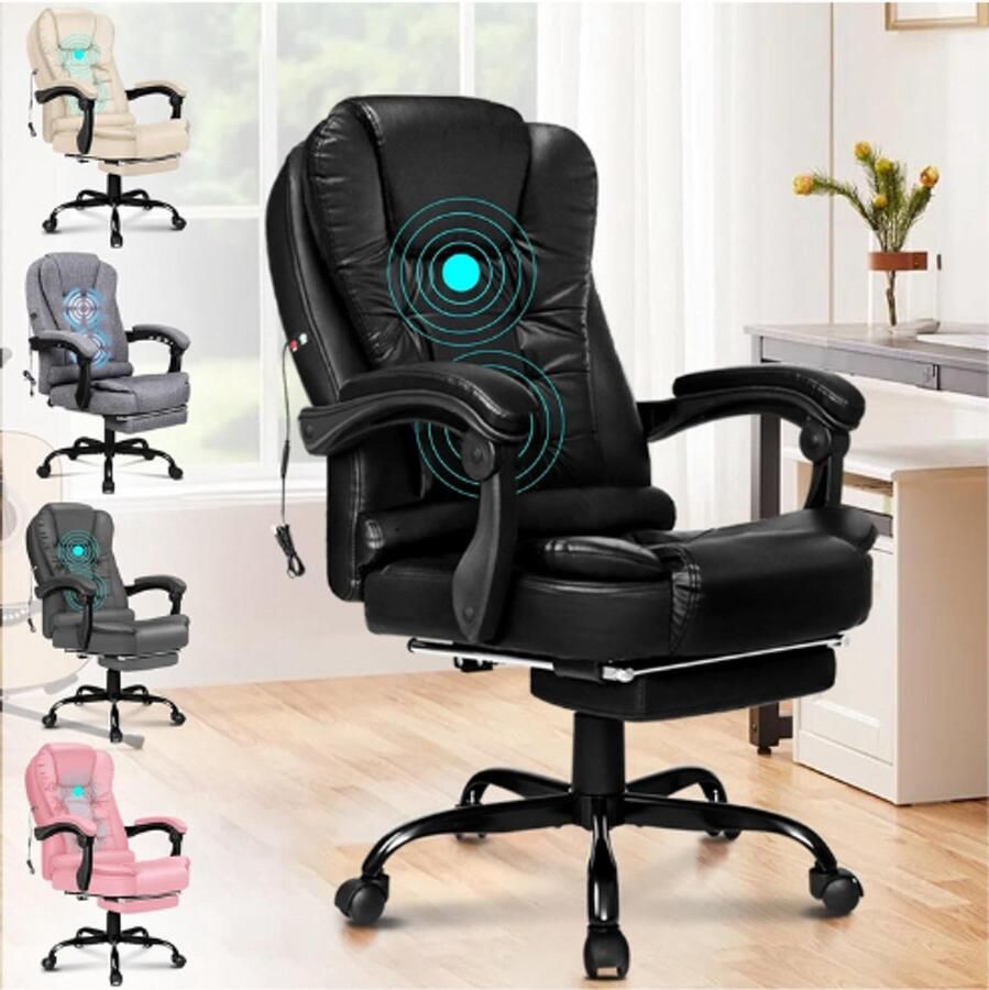BOG Bureaustoel Directiestoel 2-Punts Massagefunctie PU Lederen Stoel Met Voetsteun Hoofdsteun En Lendensteun Zwart