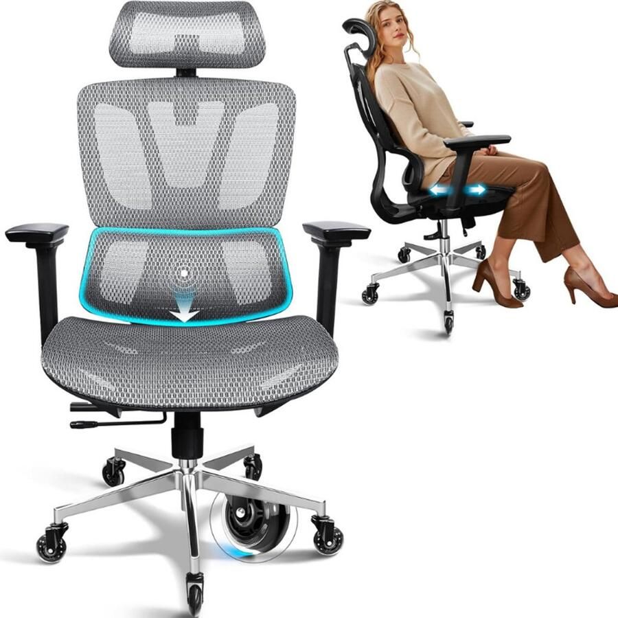 BOG Bureaustoel Ergonomisch Met 4D-Armleuningen Verstelbare Zitdiepte Rubberen Wielen 4-Traps Helling Belastbaar Tot 150 Kg Ademend Comfortabel Netstoel